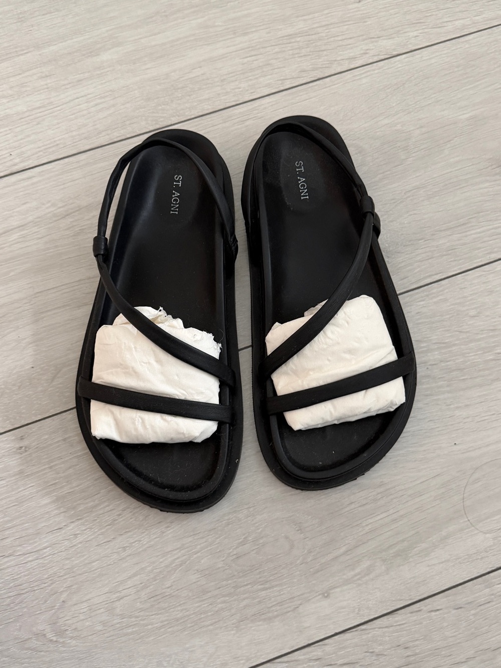 St. Agni Black Asymmetric Strap Slide Sandals